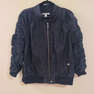Trendy and Flattering KENNETH COLE Black Denim Bomber Jacket with Ruched Sleeves